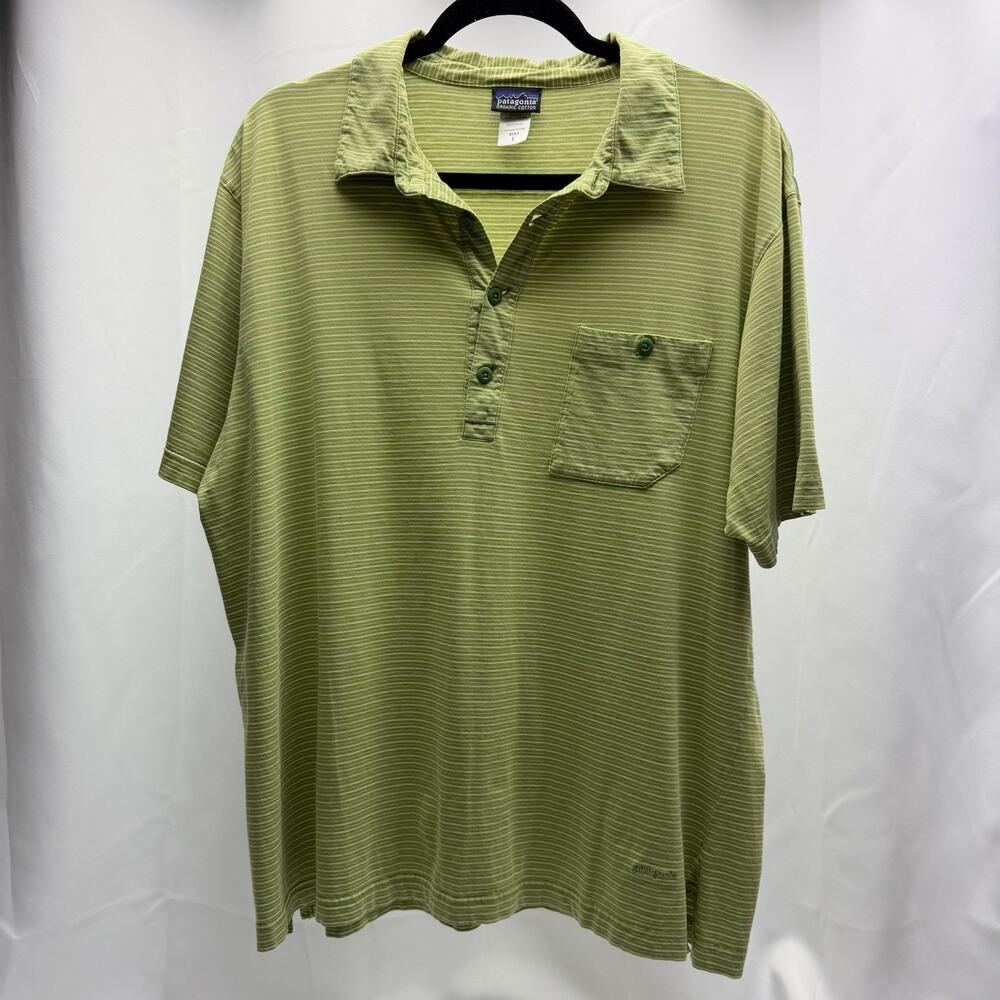 Patagonia Organic Cotton Polo Men's L Green Stripe Pocket Short Sleeve Shirt